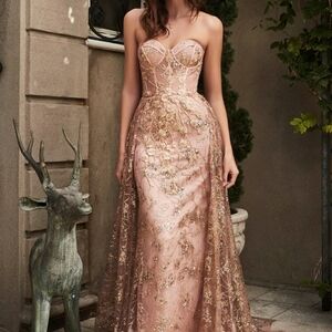 Strapless Blush Pink Prom Gown with Gold Embellishment